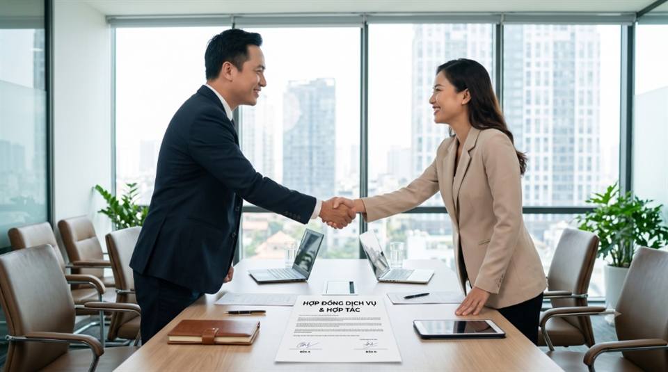 Hai bên bắt tay sau khi ký hợp đồng dịch vụ và hợp tác trên bàn làm việc