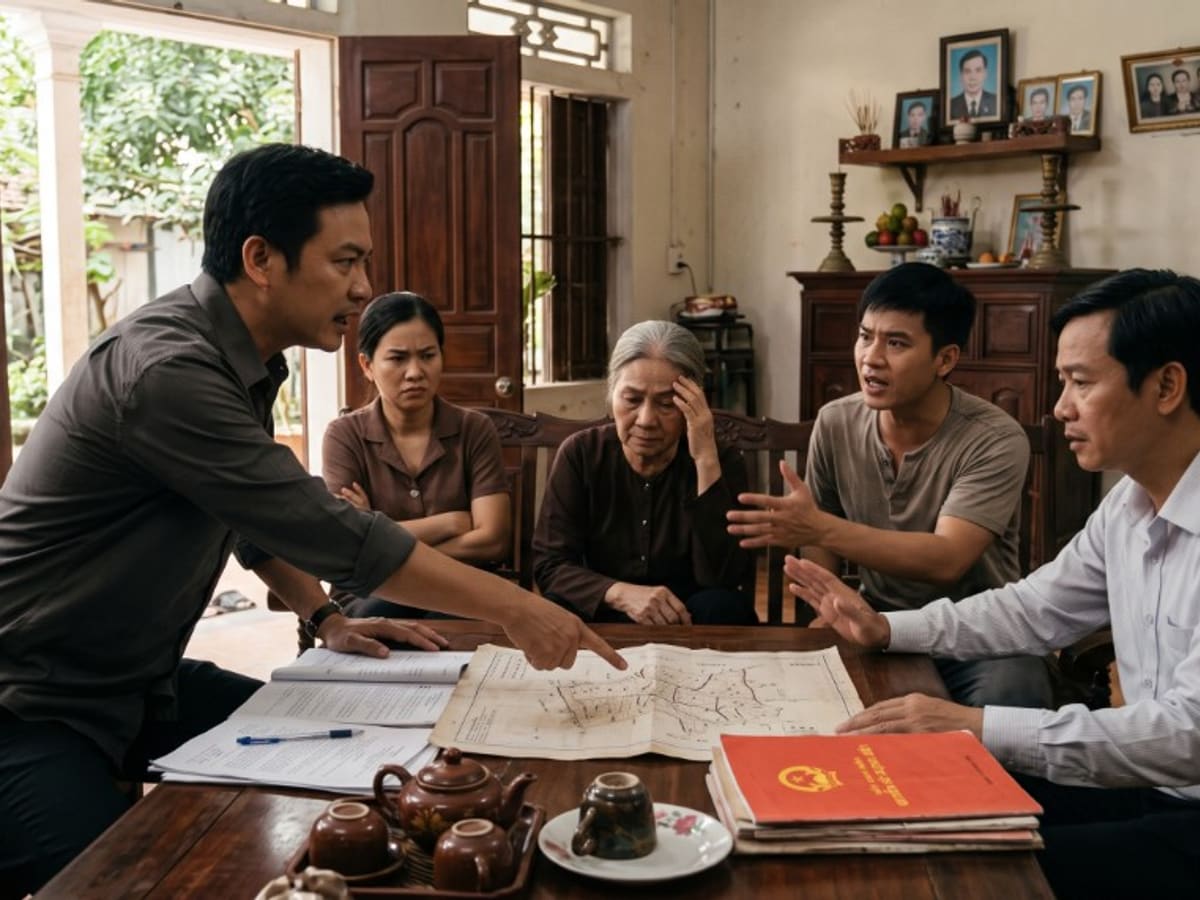 Các thành viên gia đình tranh chấp nhà đất thừa kế với bản đồ và sổ đỏ